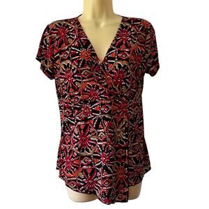 Susan Lawrence Petite Medium Abstract Print Knit Surplice Top Blouse Pullover